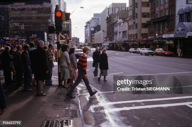 Passage clouté en juillet 1985 à Auckland en Nouvelle-Zélande.