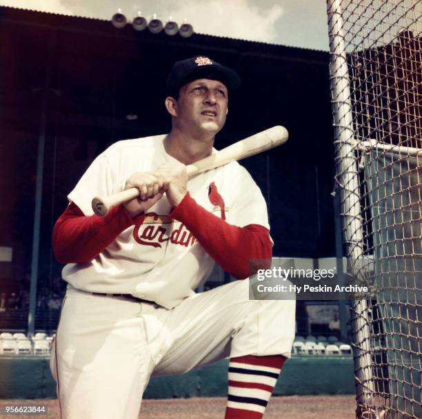 Stan Musial of the St. Louis Cardinals poses for a portrait next to the batting cage during Spring Training circa March, 1958 in St. Petersburg,...