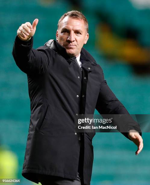 Celtic manager Brendan Rodgers is seen during the Scottish Premier League between Celtic and Kilmarnock at Celtic Park on May 9, 2018 in Glasgow,...