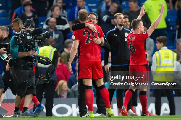 Huddersfield Town manager David Wagner celebrates with goalscorer Laurent Depoitre after the Premier League match between Chelsea and Huddersfield...