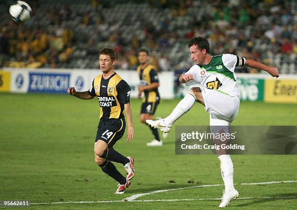 Robbie Fowler of the Fury kicks the ball during the round 22 A-league match between the Central Coast Mariners and the North Queensland Fury at...