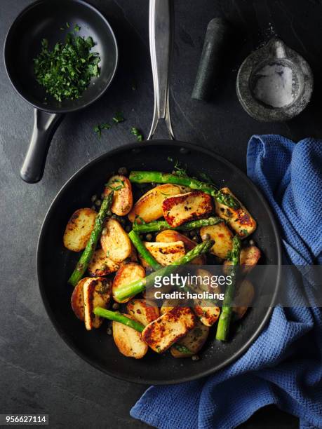 halloumi cheese,crispy capers with new potatoes - grilled halloumi stock pictures, royalty-free photos & images