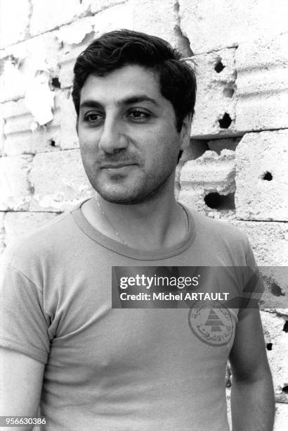 Portrait de Béchir Gemayel, président libanais assassiné avant son entrée en fonction et chef militaire des milices chrétiennes du pays le 9 octobre...