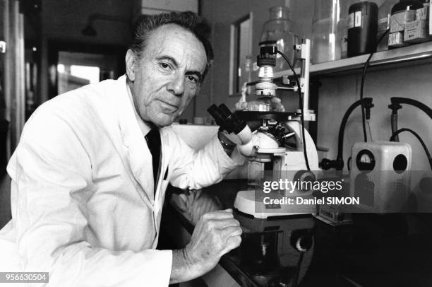 Portrait du professeur François Jacob, biologiste français et Prix Nobel de Médecine, dans son laboratoire, circa 1970 en France.