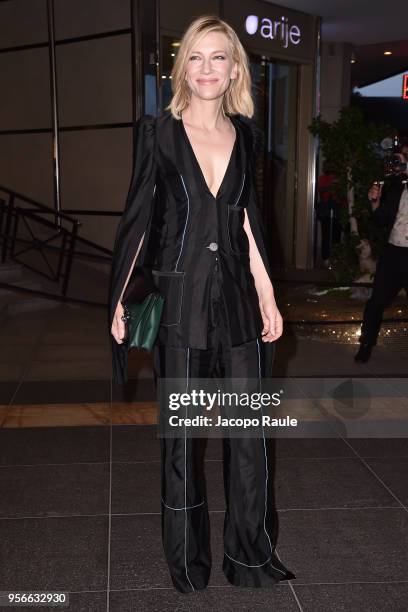 Cate Blanchett is seen arriving at Vanity Fair dinner during the 71st annual Cannes Film Festival at on May 9, 2018 in Cannes, France.