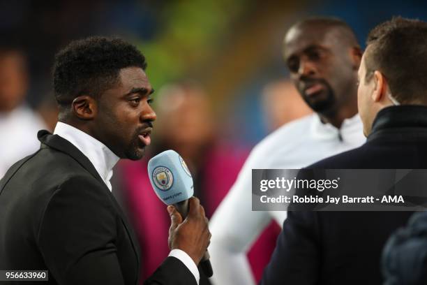 Kolo Toure brother of Yaya Toure of Manchester City makes a speech at full time during the Premier League match between Manchester City and Brighton...