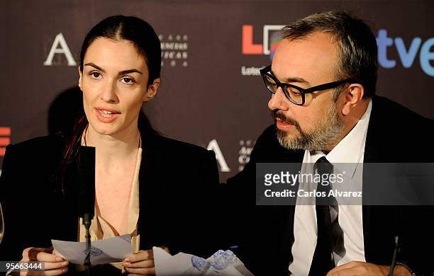 Spanish actress Paz Vega and director Alex de la Iglesia attend Goya cinema awards press conference at Academia de Cine on January 9, 2010 in Madrid,...