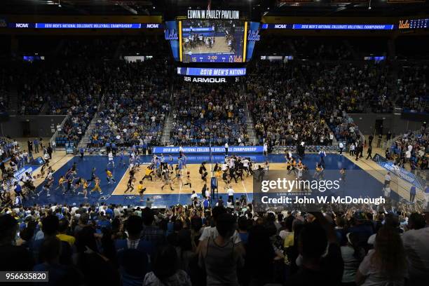 Long Beach State 49ers fans storm the court following the Division 1 Men's Volleyball Championship on May 5, 2018 at Pauley Pavilion in Los Angeles,...