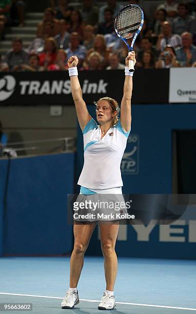 Kim Clijsters of Belgium reacts after thinking she had won a point to secure the match in the Women's final against Justine Henin of Belgium during...