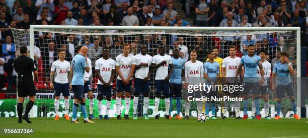 Newcastle United's Jonjo Shelvey taking a free kick with a long wall during the English Premier League match between Tottenham Hotspur and Newcastle...