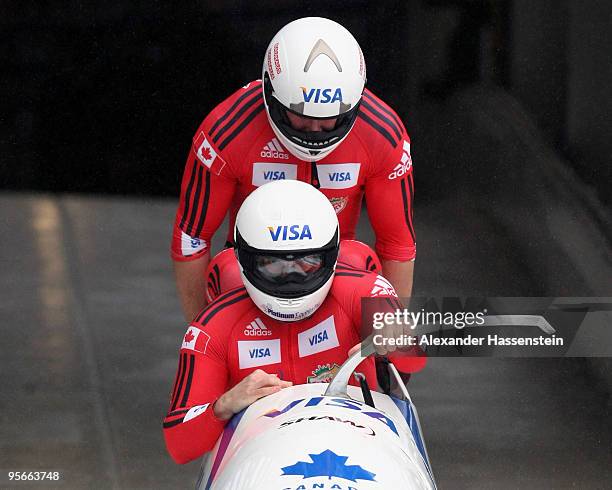 Team Canada 2 with pilot Pierre Lueders and Jesse Lumsden starts for the first run of the two men's Bobsleigh World Cup event on January 9, 2010 in...