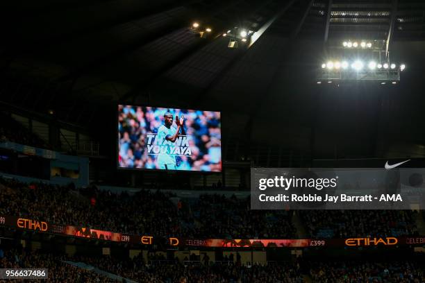 Sign is seen on an LCD screen at The Etihad Stadium, home stadium of Manchester City for Yaya Toure of Manchester City during the Premier League...