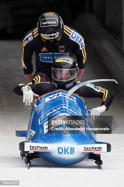 Team Germany 1 with pilot Andre Lange and Kevin Kuske starts for the first run of the two men's Bobsleigh World Cup event on January 9, 2010 in...