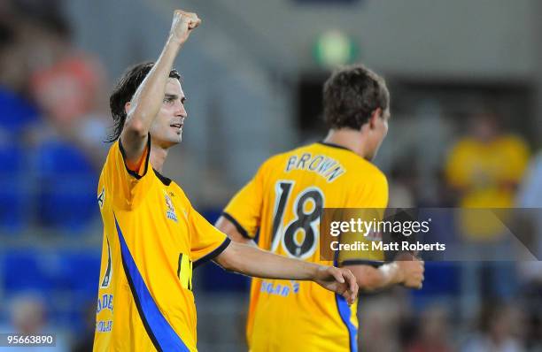 Zenon Caravella of Gold Coast United celebrates a goal during the round 22 A-League match between Gold Coast United and Adelaide United at Skilled...