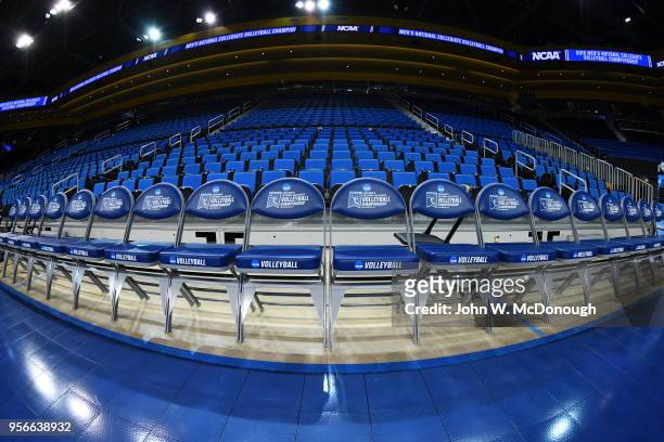 Division 1 Men's Volleyball Championship chairs are on display on May 5, 2018 at Pauley Pavilion in Los Angeles, California. The Long Beach State...