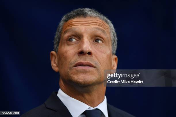 Brighton manager Chris Hughton looks on during the Premier League match between Manchester City and Brighton and Hove Albion at Etihad Stadium on May...