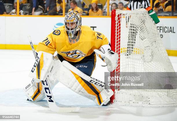 Juuse Saros of the Nashville Predators tends net against the Winnipeg Jets in Game Five of the Western Conference Second Round during the 2018 NHL...