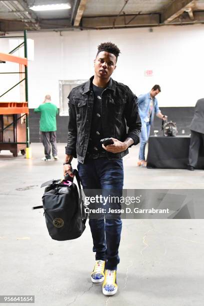 Markelle Fultz of the Philadelphia 76ers arrives before the game against the Boston Celtics during Game Five of the Eastern Conference Semifinals of...