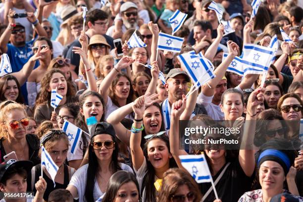 People celebrate Israels 70 years of independence during the Celebrate Israel Festival in Los Angeles, California on May 6, 2018.