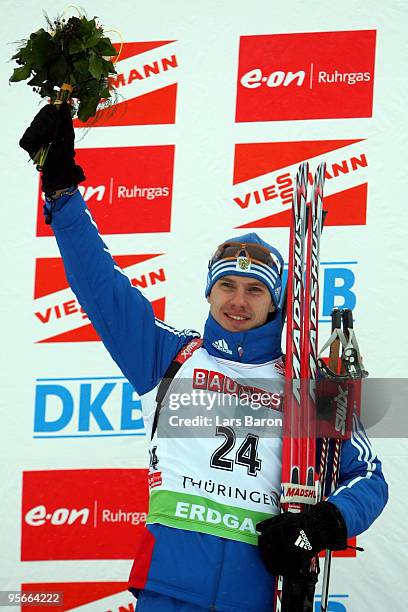 Evgeny Ustyugov of Russia celebrates after winning the Men's 10km Sprint in the e.on Ruhrgas IBU Biathlon World Cup on January 9, 2010 in Oberhof,...