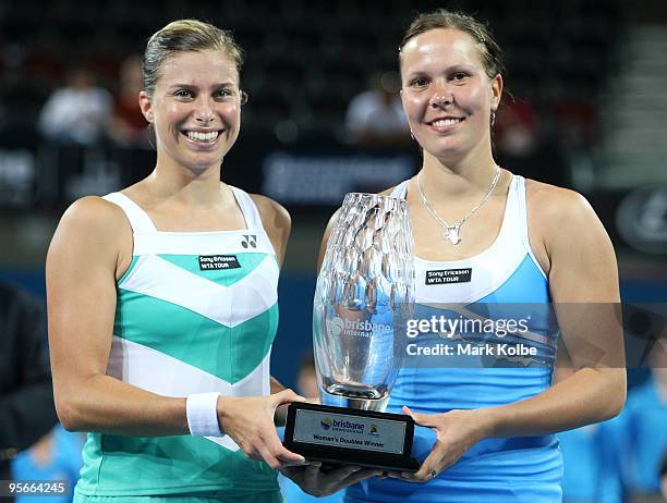 Andrea Hlavackova of the Czech Republic and Lucie Hradecka of the Czech Republic pose with the trophy after winning the women's doubles final match...