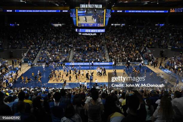 Long Beach State 49ers fans storm the court following the Division 1 Men's Volleyball Championship on May 5, 2018 at Pauley Pavilion in Los Angeles,...