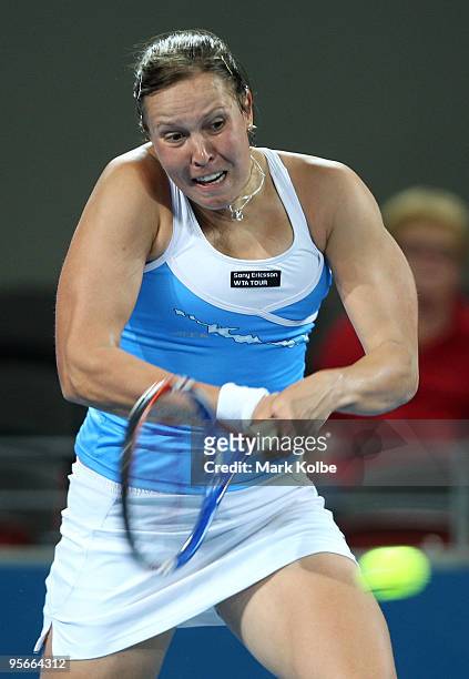 Lucie Hradecka of the Czech Republic playing with Andrea Hlavackova of the Czech Republic plays a forehand in the women's doubles final match against...