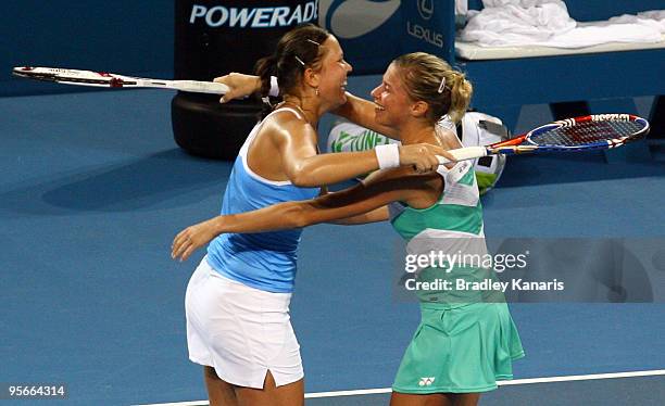 Andrea Hlavackova of the Czech Republic and Lucie Hradecka of the Czech Republic celebrate victory after the Womens double final match against...