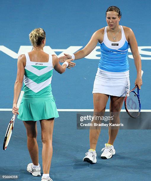 Andrea Hlavackova of the Czech Republic and Lucie Hradecka of the Czech Republic celebrate winning a point in their Womens double final match against...