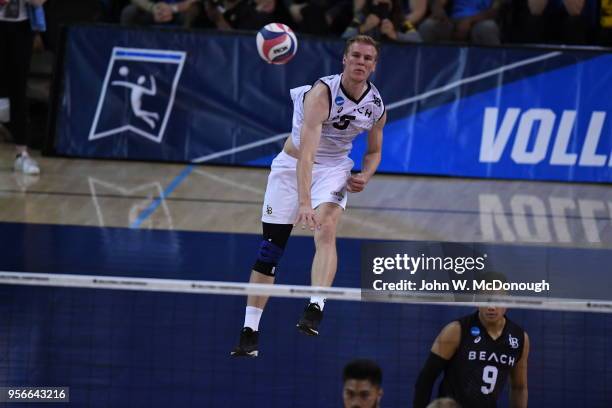 Kyle Ensing of the Long Beach State 49ers serves during the Division 1 Men's Volleyball Championship on May 5, 2018 at Pauley Pavilion in Los...