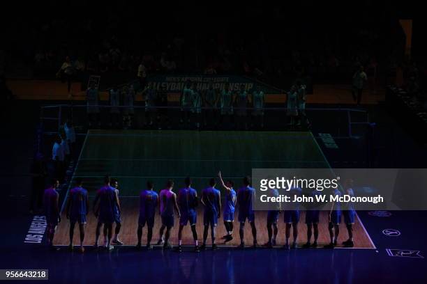 Sam Jones of the UCLA Bruins is introduced during the Division 1 Men's Volleyball Championship on May 5, 2018 at Pauley Pavilion in Los Angeles,...