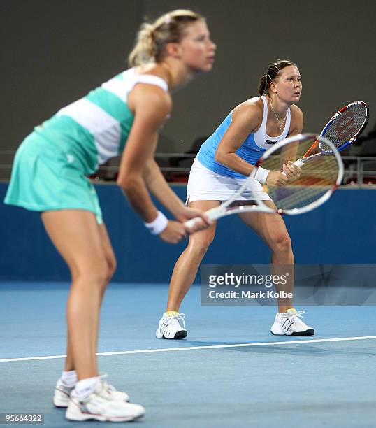 Lucie Hradecka of the Czech Republic playing with Andrea Hlavackova of the Czech Republic waits for a serve in the women's doubles final match...