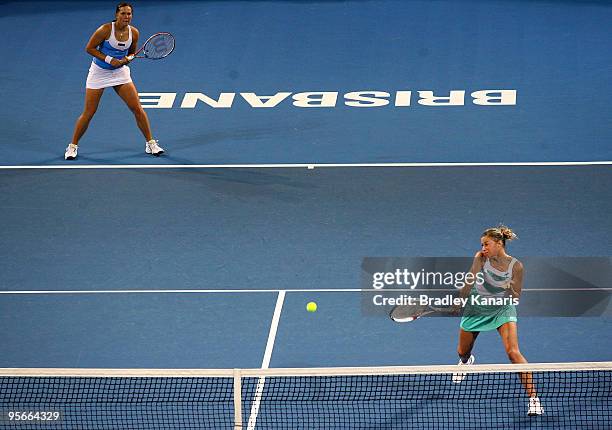 Andrea Hlavackova of the Czech Republic plays a backhand playing with Lucie Hradecka of the Czech Republic in their Womens double final match against...