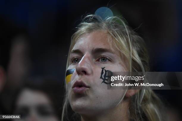 Long Beach State 49ers watches the Division 1 Men's Volleyball Championship on May 5, 2018 at Pauley Pavilion in Los Angeles, California. The Long...