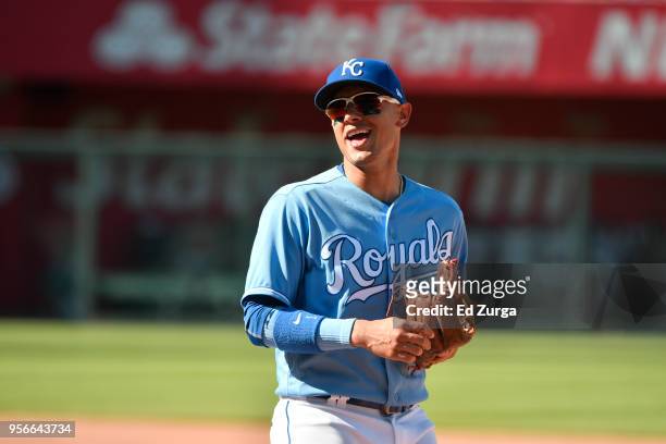 Ryan Goins of the Kansas City Royals in action against the Detroit Tigers at Kauffman Stadium on May 5, 2018 in Kansas City, Missouri.