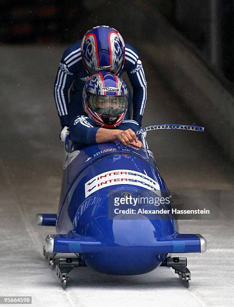 Team Great Britain 1 with pilot Nicola Minichiello and Gillian Cooke start at the first run of the two women's Bobsleigh World Cup event on January...