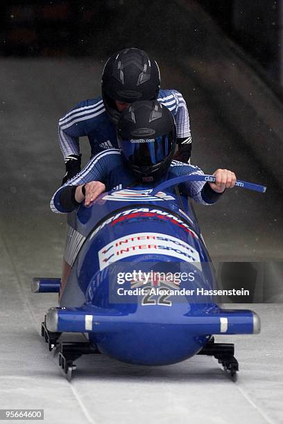 Team Great Britain 2 with pilot Paula Walker and Kelly Thomas start at the first run of the two women's Bobsleigh World Cup event on January 9, 2010...