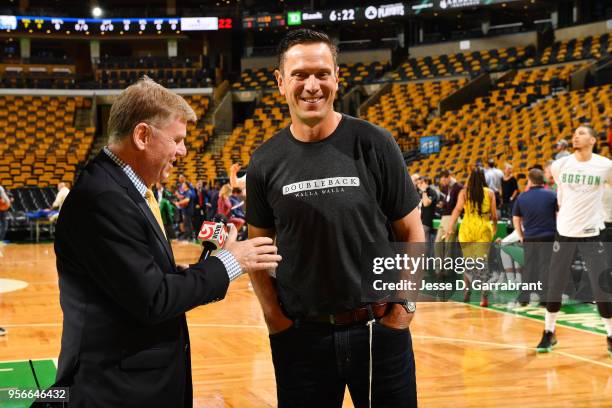 Drew Bledsoe speaks with media before the game between the Philadelphia 76ers and the Boston Celtics during Game Five of the Eastern Conference...