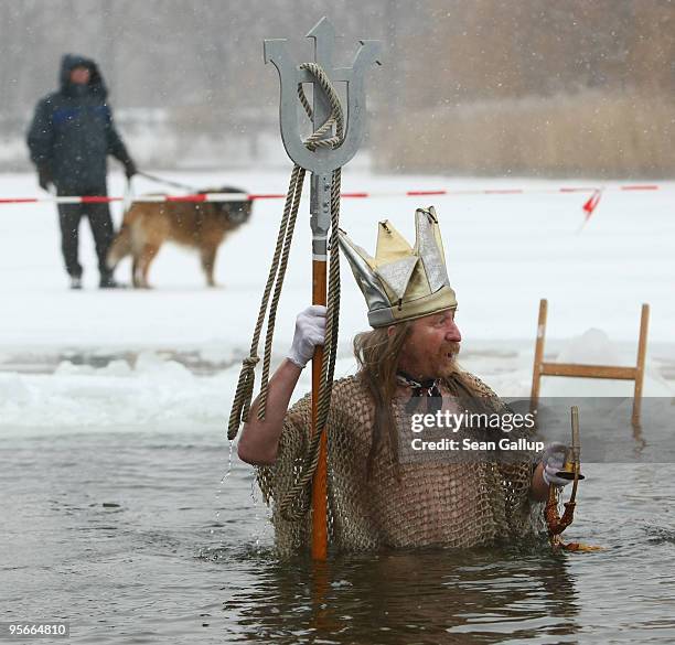 "Neptune" takes a quick dip in the frozen Orankesee lake at the 26th annual Berlin Seals winter swim on January 9, 2010 in Berlin, Germany....
