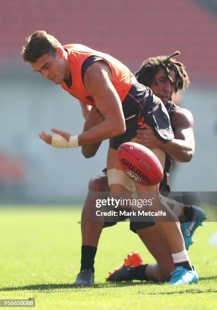 Zac Langdon of the Giants in action during a Greater Western Sydney Giants AFL training session at Spotless Stadium on May 9, 2018 in Sydney,...
