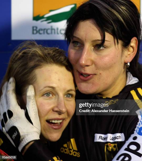 Pilot Cathleen Martini and Romy Logsch of Team Germany 2 celebrate winning after the final run of the two women's Bobsleigh World Cup event on...