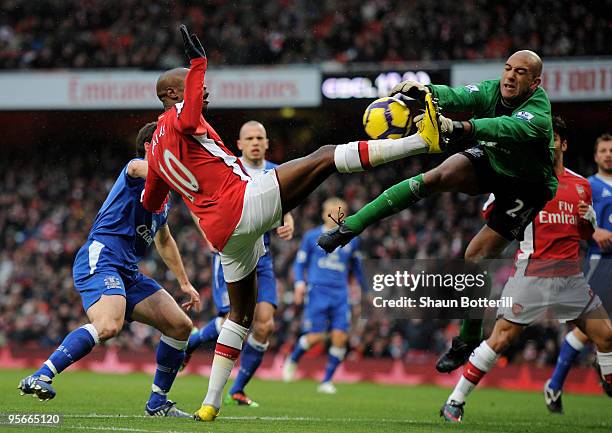 Tim Howard of Everton makes a save from William Gallas of Arsenal during the Barclays Premier League match between Arsenal and Everton at Emirates...