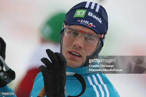 Tim Burke of America waits prior to the men's sprint in the e.on Ruhrgas IBU Biathlon World Cup on January 09, 2010 in Oberhof, Germany.