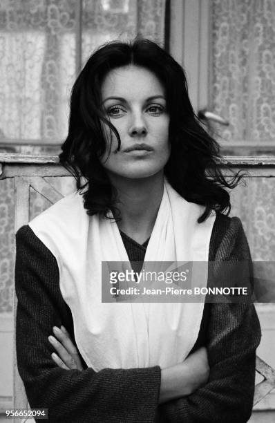 Gabriella Farinon sur le tournage du film 'Borsalino and Co' réalisé par Jacques Deray à Marseille en mai 1974, France.