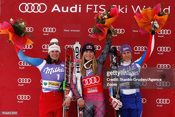 Nadja Kamer of Switzerland , Lindsey Vonn of the USA and Ingrid Jacquemod of France celebrate on the podium during the Audi FIS Alpine Ski World Cup...