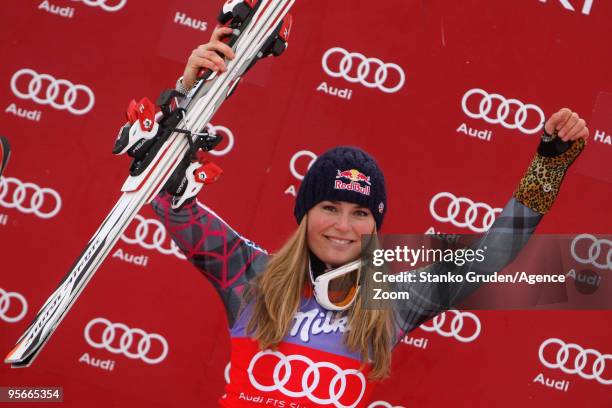 Lindsey Vonn of the USA celbrates on the podium after taking 1st place during the Audi FIS Alpine Ski World Cup Women's Downhill on January 09, 2010...