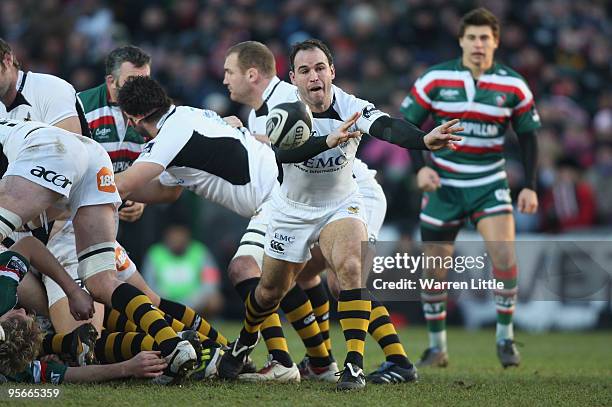 Mark Robinson of London Wasps passes the ball out of the ruck during the Guinness Premiership match between Leicester Tigers and London Wasps at...