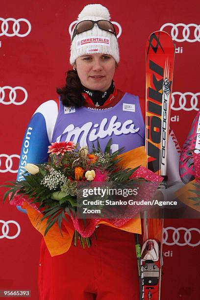 Nadja Kamer of Switzerland celebrates on the podium after taking 2nd place during the Audi FIS Alpine Ski World Cup Women's Downhill on January 09,...