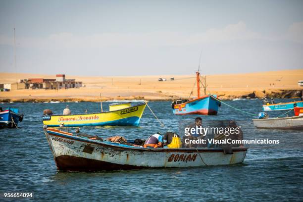 fishermen working at paracas national park. - paracas stock pictures, royalty-free photos & images