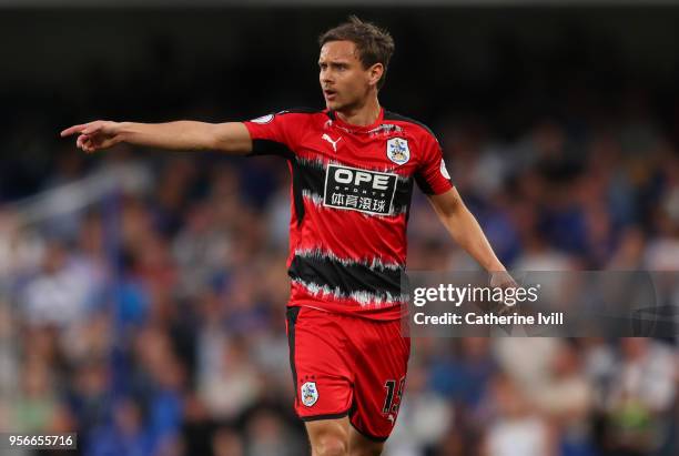 Chris Lowe of Huddersfield Town during the Premier League match between Chelsea and Huddersfield Town at Stamford Bridge on May 9, 2018 in London,...